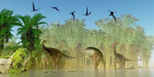 Paleogeography: A flock of Dorygnathus fly over a herd of Spinophorosaurus