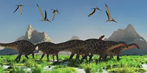 Pteranodon: A flock of Pteranodon reptiles fly over a herd