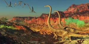 Omeisaurus: A flock of pterosaurs fly past two Omeisaurus dinosaurs