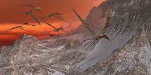 Zhenyuanopterus: A flock of Zhenyuanopterus flying past the mountainside