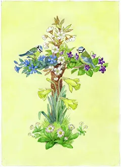 Kisler: Floral Cross with two Bluetits