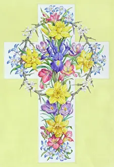 Circlet: Floral Cross with iris, daffodils, crocuses etc
