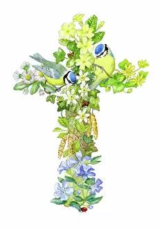 Catkins: Floral Easter cross with Bluetits