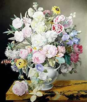 Cyane: Flowerpiece in white jug on marble table