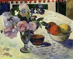 Lemon: Flowers and a Bowl of Fruit on a Table, by Gauguin