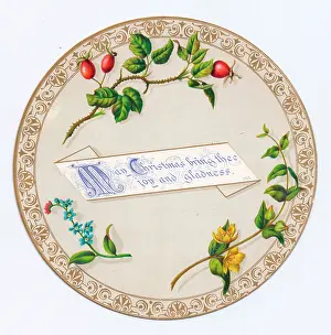 Rosehip: Flowers and fruit on a circular Christmas card