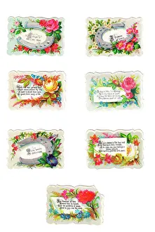 Horseshoes: Flowers with greetings on seven Victorian scraps
