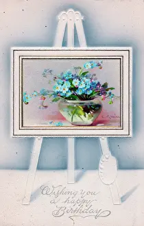 Forgetmenot: Flowers in a vase on an easel on a birthday postcard