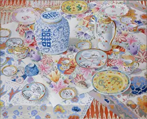 Cloths: Flowery Still Life ' oriental plates, cups etc