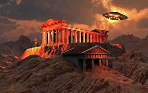 Shrine: A flying saucer flying above an ancient temple complex