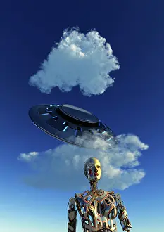 Droid: A flying saucer flying above one of its android crew members
