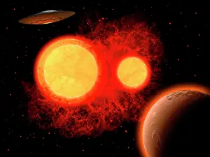 Supernova: A flying saucer flying through a binary star system