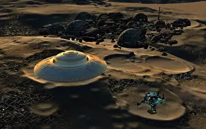 Colonization: A flying saucer flying over a colony on the surface