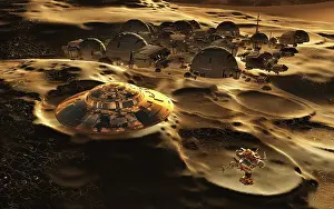 Colonization: A flying saucer flying over a colony on the surface