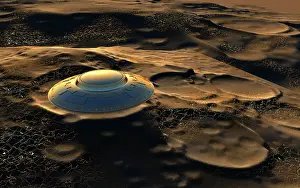 Saucers: A flying saucer flying over craters on the moon