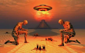 Humanoid: A flying saucer being greeted by evolved transhumans