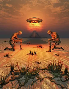Humanoid: A flying saucer being greeted by evolved transhumans