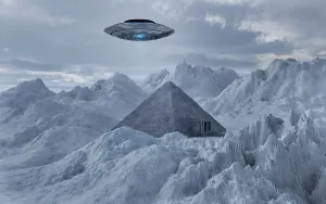 Shrine: A flying saucer hovering over a pyramid in the Antarctic