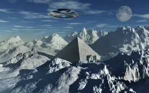 Shrine: A flying saucer hovering over a pyramid in the Antarctic