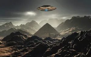 Shrine: A flying saucer hovering over a pyramid in the Antarctic