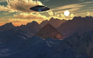 Shrine: A flying saucer hovering over a pyramid in the Antarctic