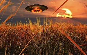 Midair: A flying saucer hovering over a wheat field and
