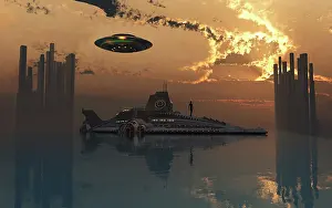 Nautical: A flying saucer and submarine passing through