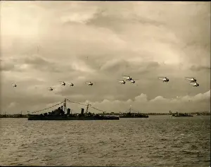 Flypast: Flypast and HMS Glasgow during naval review at Spithead