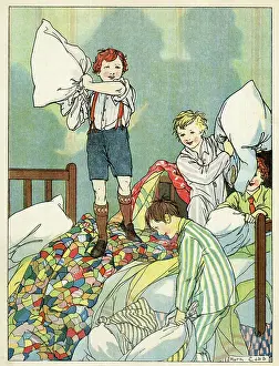 Pillow: Down with the Foe, boys having a pillow fight by Ruth Cobb