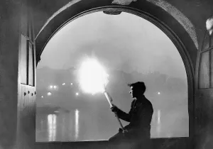 Torches: Fog torches on the London Thames, 1933