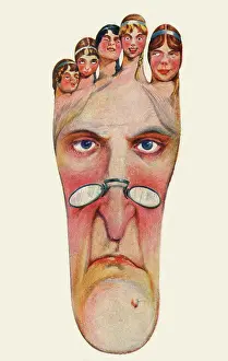 Pince: Foot-shaped comic postcard, mother and five daughters