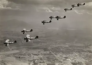 A formation of US Navy Vought Corsair biplanes