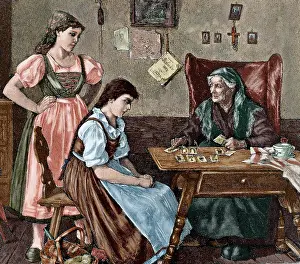 Predict: At fortune teller's house. Engraving. Colored