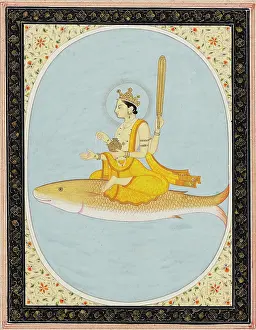 Kangra: A four-armed deity seated astride a fish