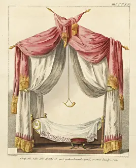 Cornelis Borsteegh: Four-poster bed with embroidered bedspread, fringed