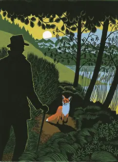 Linocut: A Fox is chanced upon at the water's edge