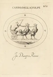 Cunning: A fox driving a chariot drawn by two roosters