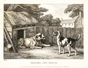 John Gay: A fox hound berating a mastiff chained to a kennel