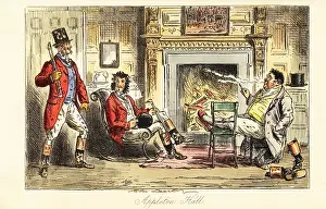 Pinks: Fox hunters relaxing before a fire in a grand mansion