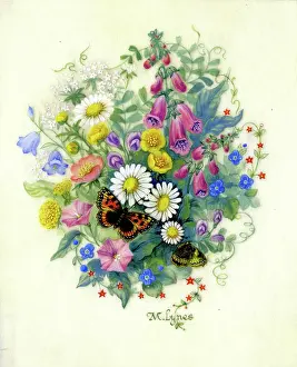 Harebells: Foxgloves, daisies, harebells and butterflies