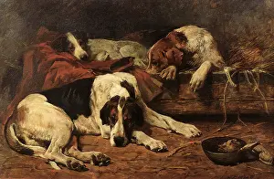 Foxhounds: Two Foxhounds and a Fox Terrier on a Kennel