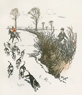 Pursuing: Foxhunters and hounds in pursuit of the fox