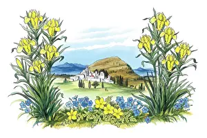 Haywood: Frame of flowers with landscape
