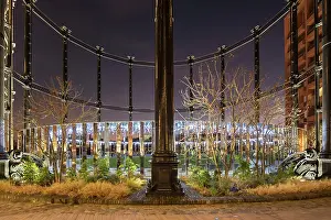 Steampunk: Framework of gasholder number 8, illuminated at dusk