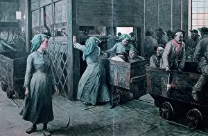 Miner: France. Women working inside of a coal mine. Drawing color
