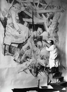 Atelier: Franz Eichhorst while drawing a war scene, 1936