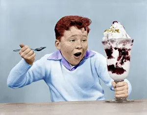 Sundae: Freckle Face Boy Digging into Giant Ice Cream Sundae