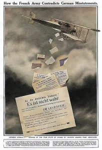 Undermining: French biplane dropping propaganda leaflets, WWI