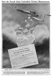 Undermining: French biplane dropping propaganda leaflets, WWI