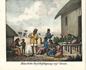 Guam: French explorers visiting a Chamorro stilt house on Guam